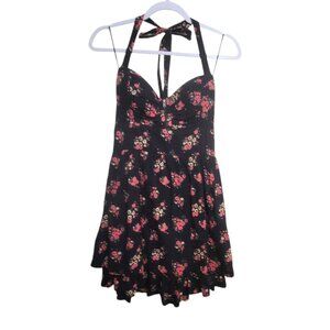 Guess Halter Black Pink Floral Sz 10 Sundress Smocked Bodice Back Tiered Skirt
